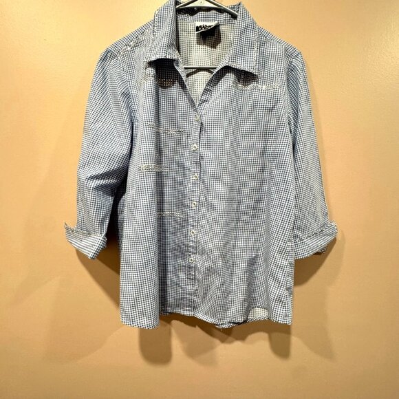 Vintage Women's Gingham Blue Check Bedazzled 3/4 Sleeve Top by Lanie NY - Picture 1 of 9